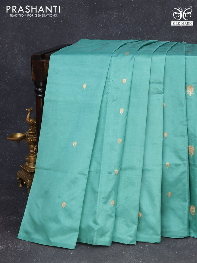 Banarasi katan silk saree teal green with zari woven buttas in borderless style