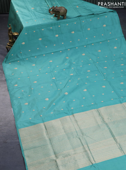 Banarasi katan silk saree teal green with zari woven buttas in borderless style