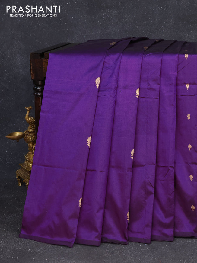 Banarasi katan silk saree deep violet with zari woven buttas in borderless style