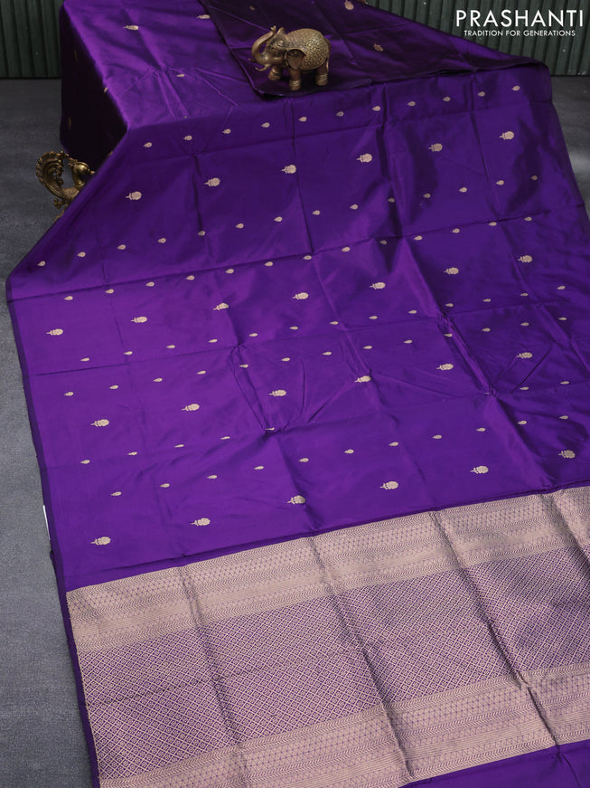 Banarasi katan silk saree deep violet with zari woven buttas in borderless style