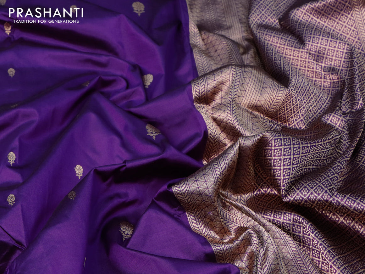 Banarasi katan silk saree deep violet with zari woven buttas in borderless style