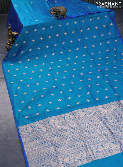 Banarasi katan silk saree dual shade of blue with zari woven buttas in borderless style