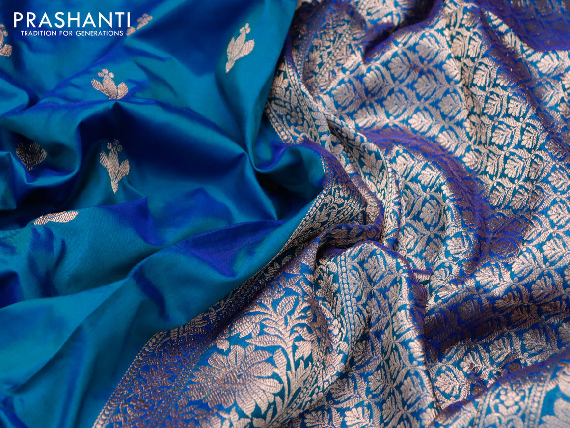 Banarasi katan silk saree dual shade of blue with zari woven buttas in borderless style