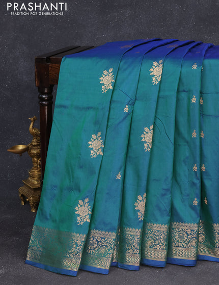 Banarasi katan silk saree dual shade of greenish blue with zari woven buttas and zari woven border