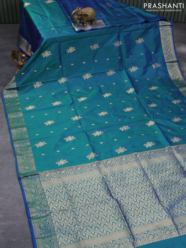 Banarasi katan silk saree dual shade of greenish blue with zari woven buttas and zari woven border