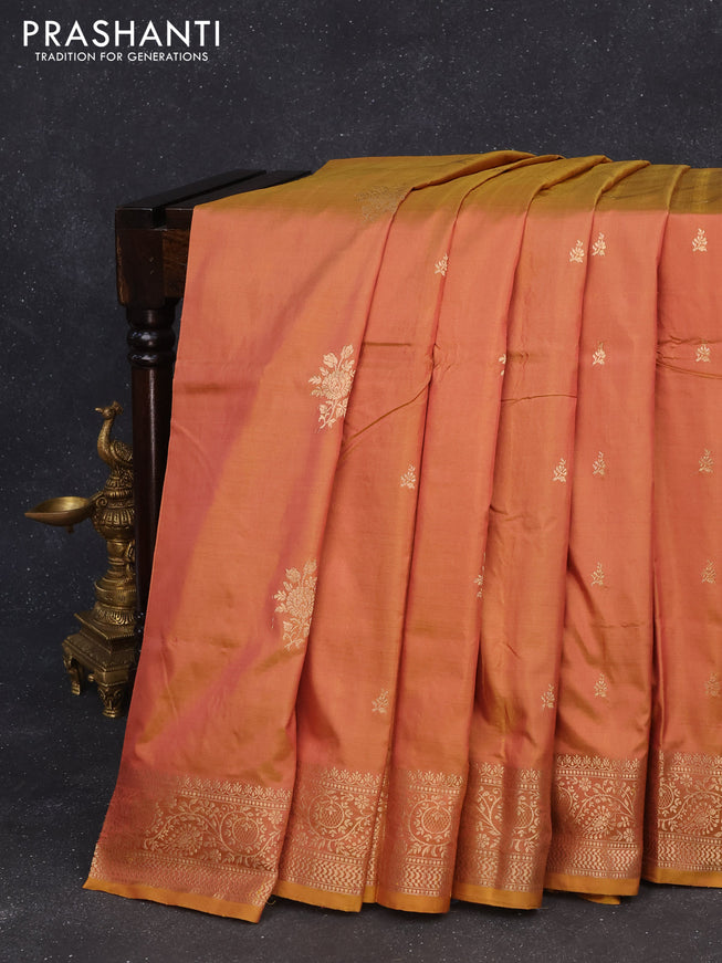 Banarasi katan silk saree dual shade of dark mustard yellow with zari woven buttas and zari woven border