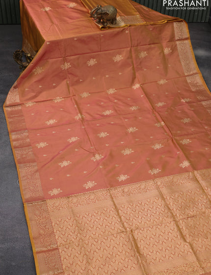 Banarasi katan silk saree dual shade of dark mustard yellow with zari woven buttas and zari woven border