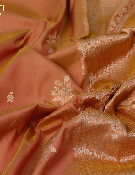 Banarasi katan silk saree dual shade of dark mustard yellow with zari woven buttas and zari woven border