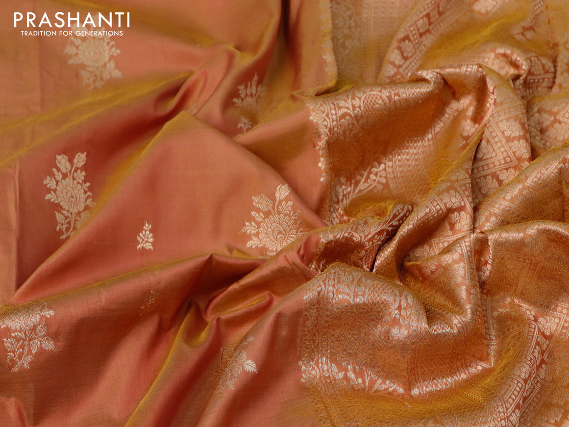 Banarasi katan silk saree dual shade of dark mustard yellow with zari woven buttas and zari woven border