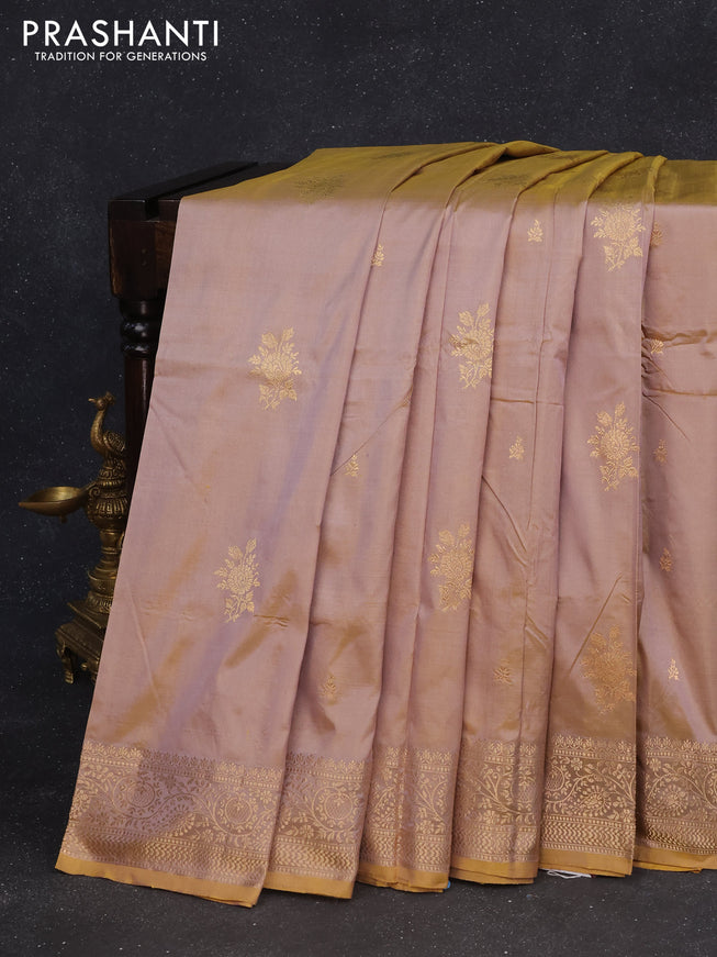 Banarasi katan silk saree dual shade of greish yellow with zari woven buttas and zari woven border