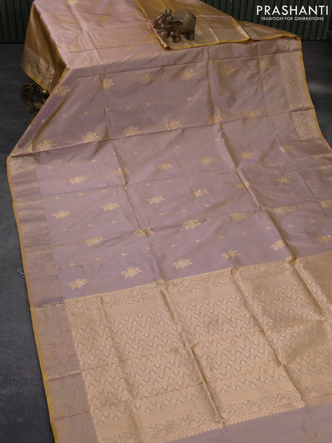 Banarasi katan silk saree dual shade of greish yellow with zari woven buttas and zari woven border