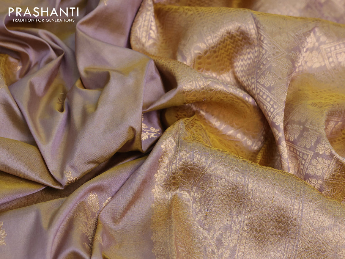 Banarasi katan silk saree dual shade of greish yellow with zari woven buttas and zari woven border