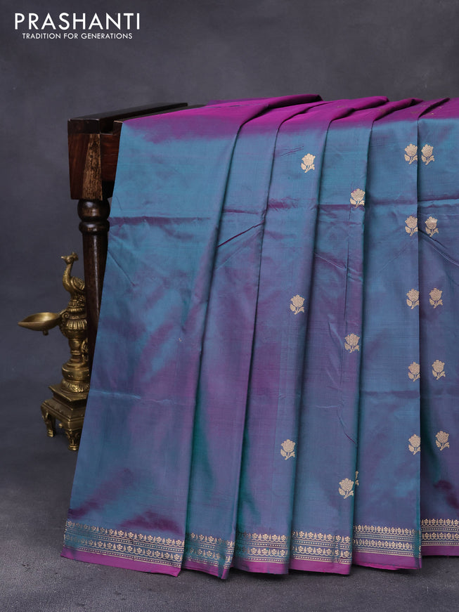 Banarasi katan silk saree dual shade of greenish purple with zari woven buttas and zari woven border