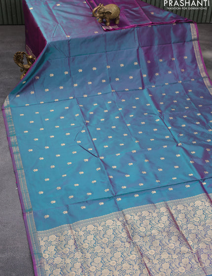 Banarasi katan silk saree dual shade of greenish purple with zari woven buttas and zari woven border