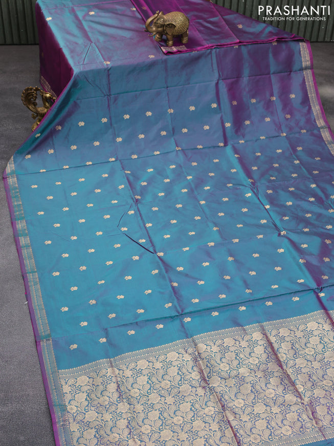 Banarasi katan silk saree dual shade of greenish purple with zari woven buttas and zari woven border