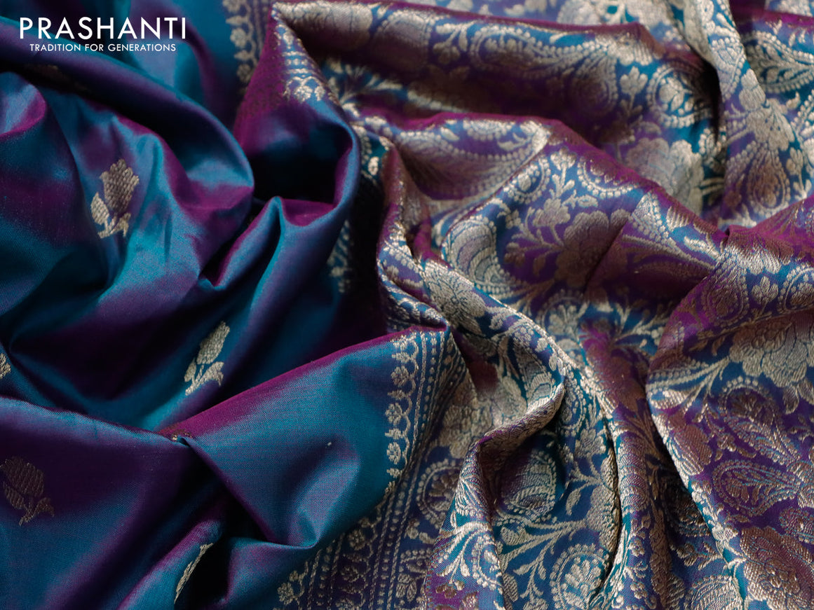 Banarasi katan silk saree dual shade of greenish purple with zari woven buttas and zari woven border