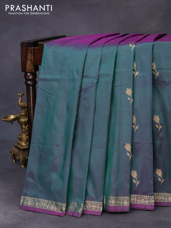 Banarasi katan silk saree dual shade of greenish purple with zari woven buttas and zari woven border