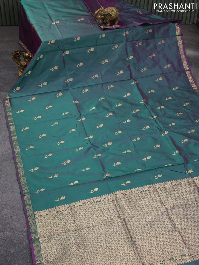 Banarasi katan silk saree dual shade of greenish purple with zari woven buttas and zari woven border