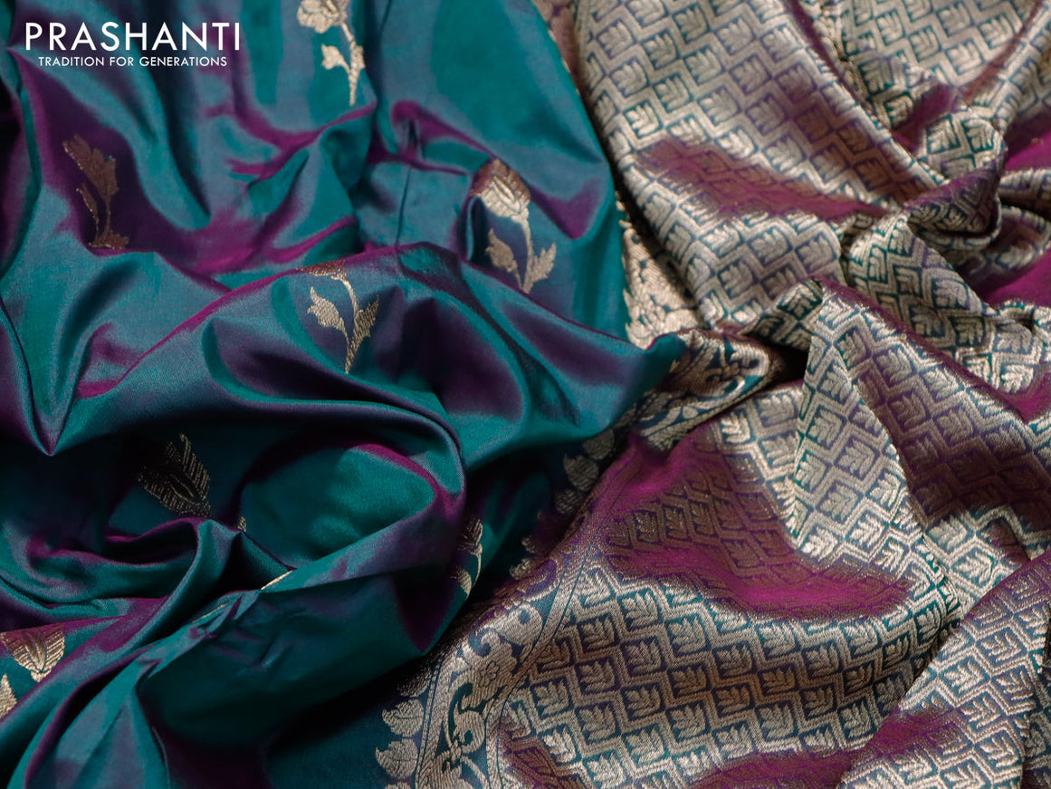 Banarasi katan silk saree dual shade of greenish purple with zari woven buttas and zari woven border