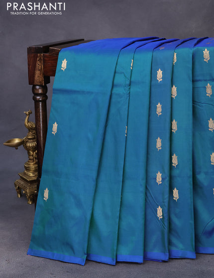 Banarasi katan silk saree dual shade of bluish green and blue with zari woven buttas in borderless style