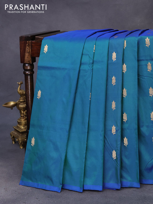 Banarasi katan silk saree dual shade of bluish green and blue with zari woven buttas in borderless style