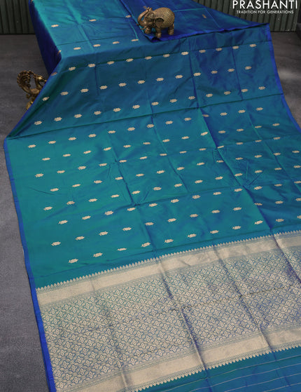 Banarasi katan silk saree dual shade of bluish green and blue with zari woven buttas in borderless style