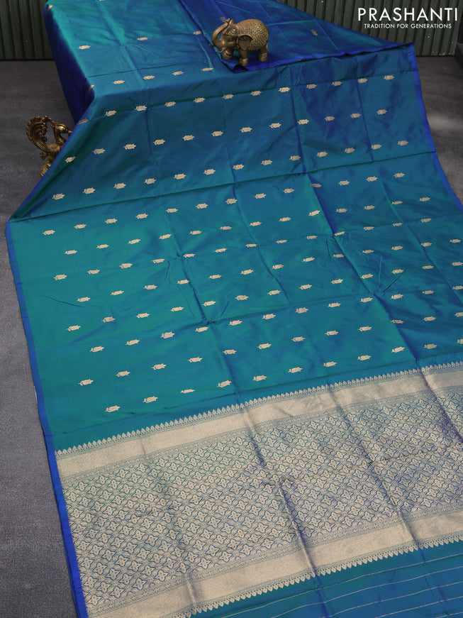 Banarasi katan silk saree dual shade of bluish green and blue with zari woven buttas in borderless style