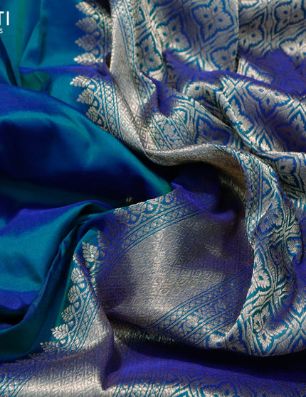 Banarasi katan silk saree dual shade of bluish green and blue with zari woven buttas in borderless style