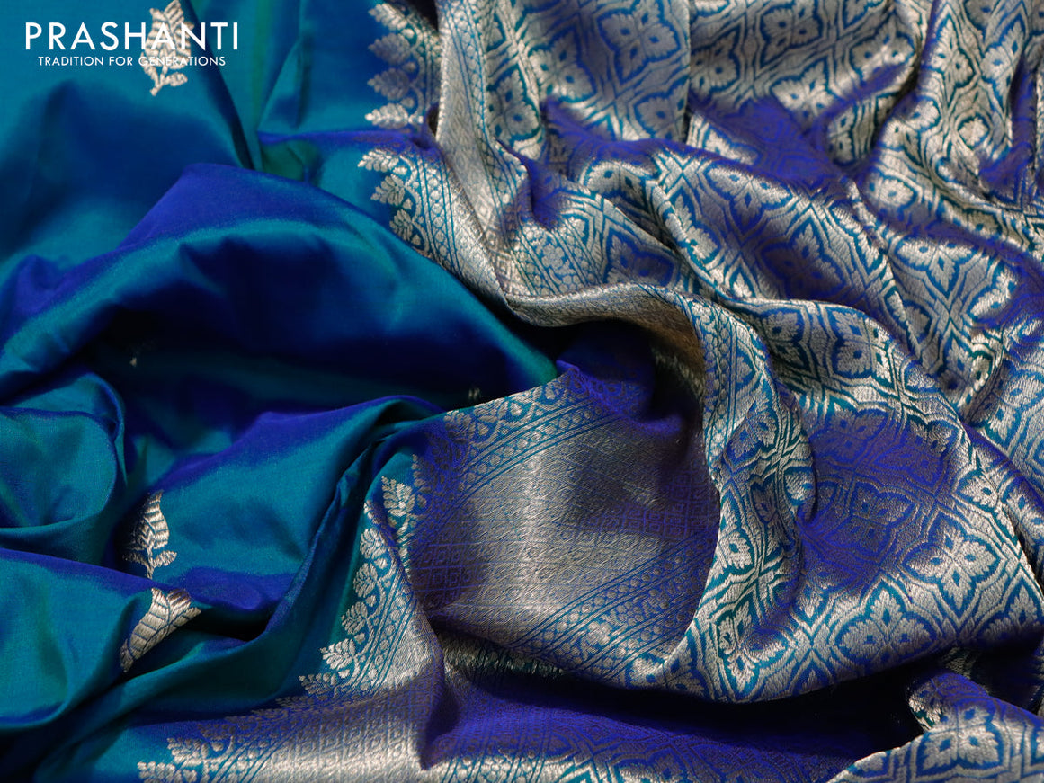 Banarasi katan silk saree dual shade of bluish green and blue with zari woven buttas in borderless style