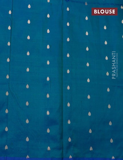 Banarasi katan silk saree dual shade of bluish green and blue with zari woven buttas in borderless style