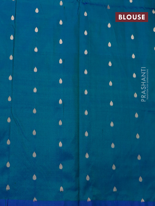 Banarasi katan silk saree dual shade of bluish green and blue with zari woven buttas in borderless style