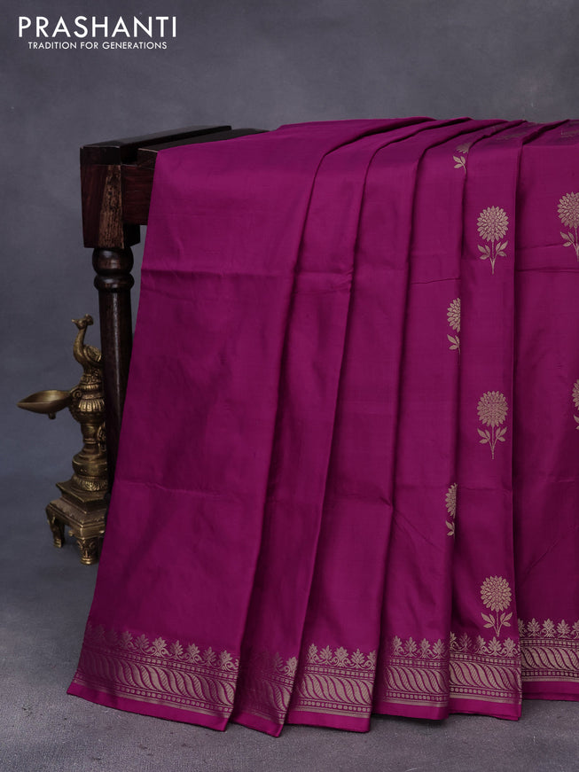 Banarasi katan silk saree dark magenta pink with zari woven buttas and zari woven border