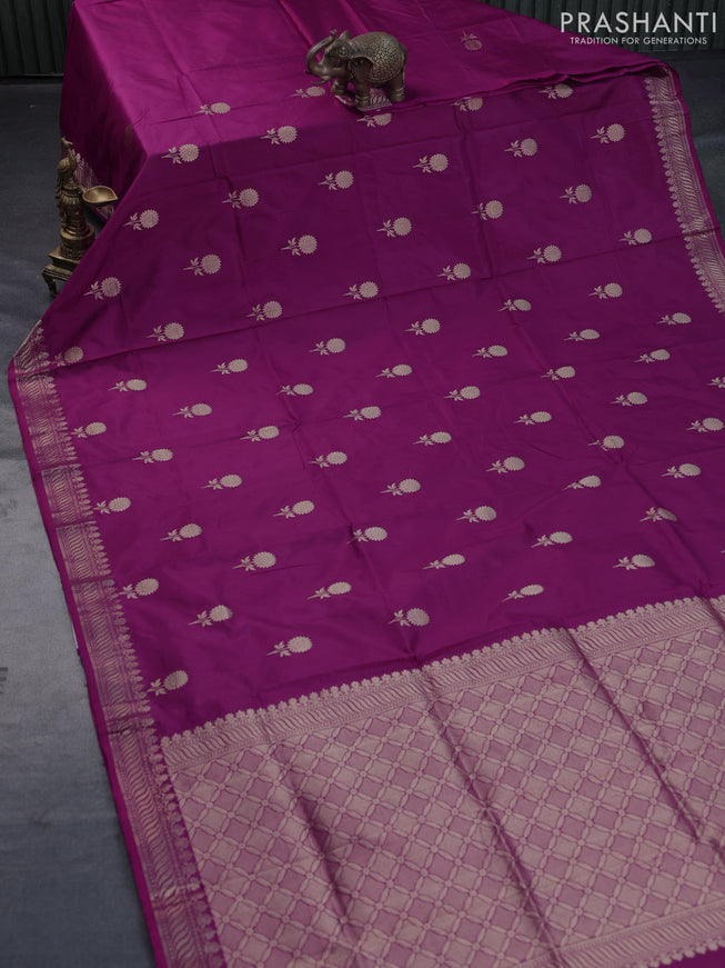 Banarasi katan silk saree dark magenta pink with zari woven buttas and zari woven border