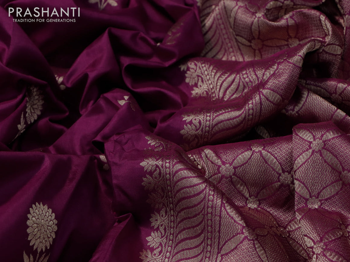 Banarasi katan silk saree dark magenta pink with zari woven buttas and zari woven border