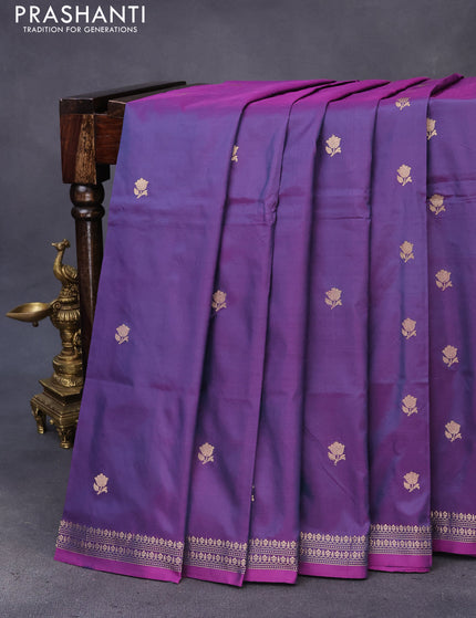 Banarasi katan silk saree dual shade of bluish purple with zari woven buttas in borderless style