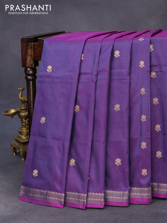 Banarasi katan silk saree dual shade of bluish purple with zari woven buttas in borderless style