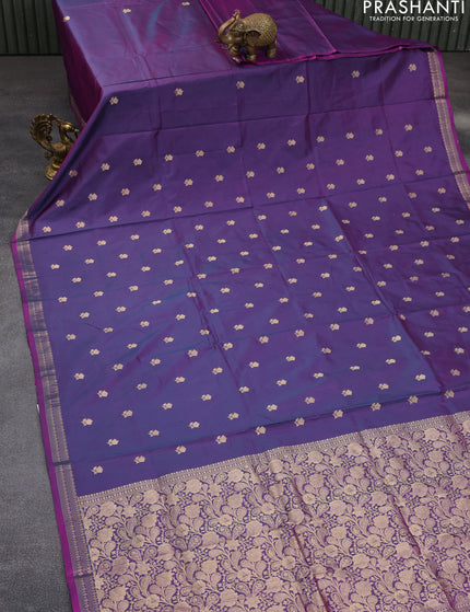 Banarasi katan silk saree dual shade of bluish purple with zari woven buttas in borderless style