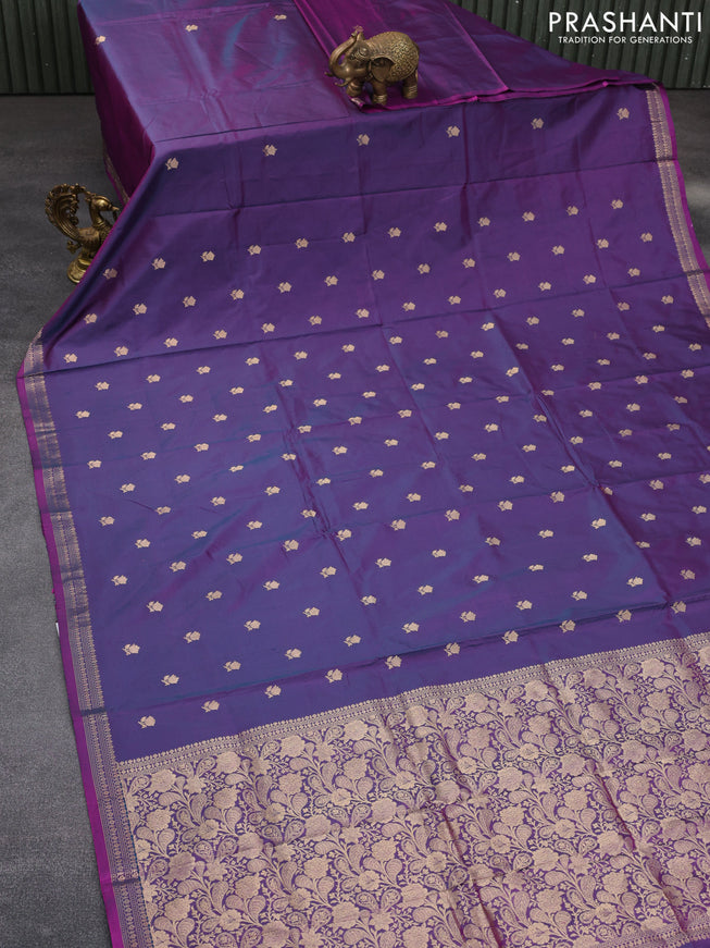 Banarasi katan silk saree dual shade of bluish purple with zari woven buttas in borderless style