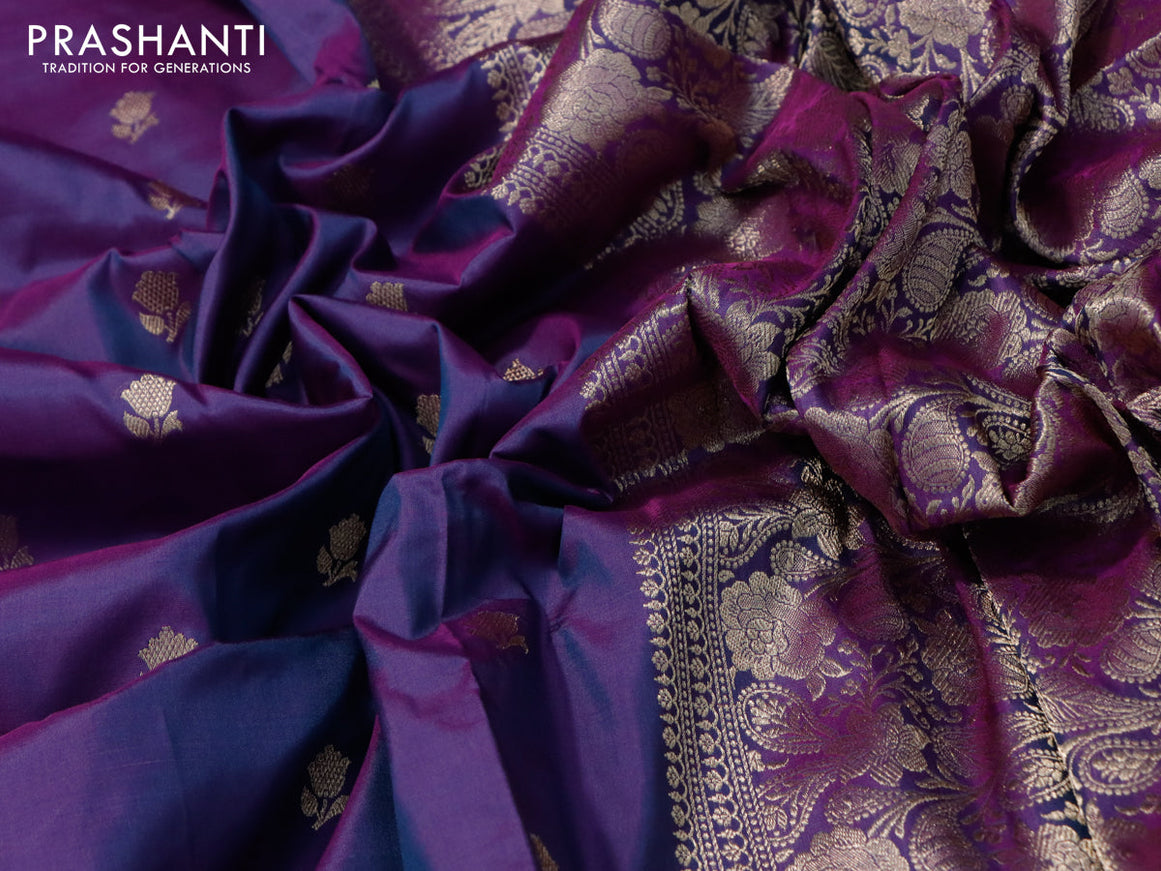 Banarasi katan silk saree dual shade of bluish purple with zari woven buttas in borderless style