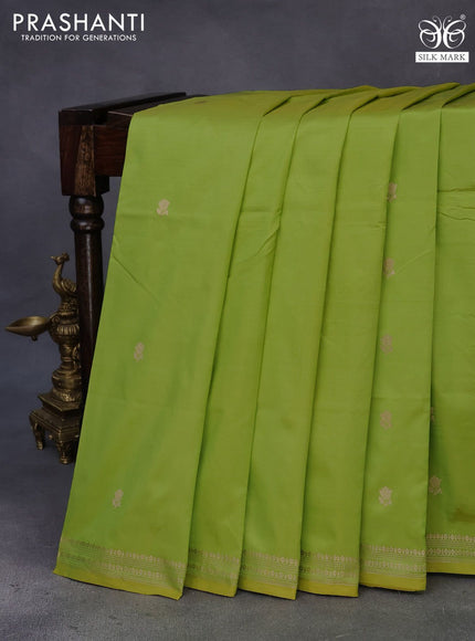 Banarasi katan silk saree lime green with zari woven buttas in borderless style