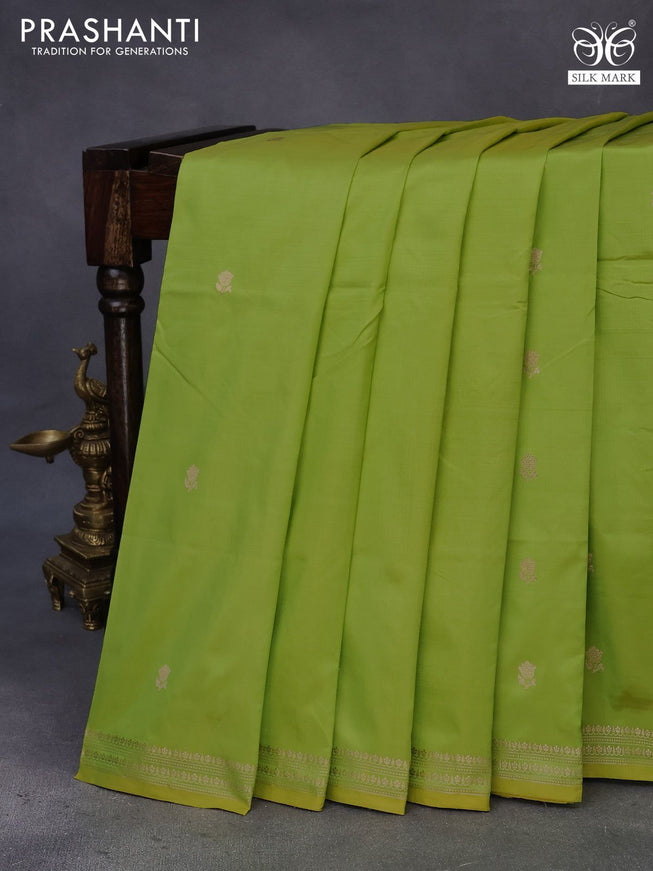 Banarasi katan silk saree lime green with zari woven buttas in borderless style