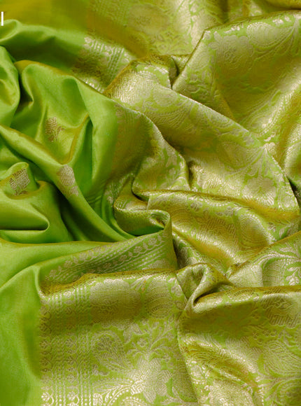 Banarasi katan silk saree lime green with zari woven buttas in borderless style