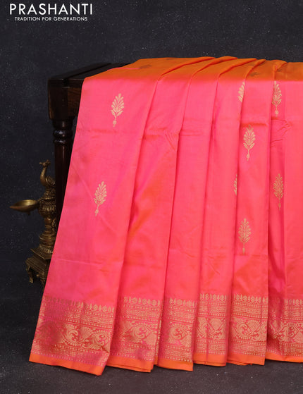 Banarasi katan silk saree dual shade of pinkish orange with zari woven buttas and zari woven border