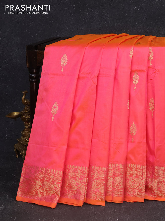 Banarasi katan silk saree dual shade of pinkish orange with zari woven buttas and zari woven border