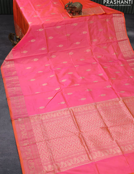 Banarasi katan silk saree dual shade of pinkish orange with zari woven buttas and zari woven border