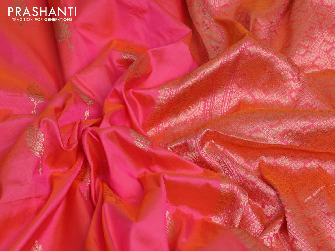 Banarasi katan silk saree dual shade of pinkish orange with zari woven buttas and zari woven border