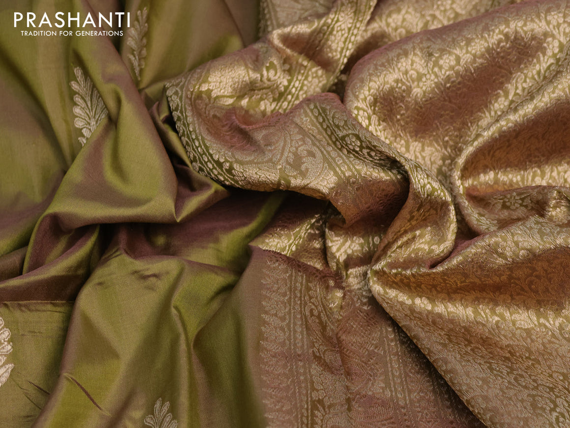 Banarasi katan silk saree dual shade of mehendi green with zari woven buttas and zari woven border