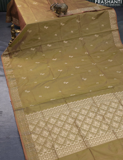 Banarasi katan silk saree dual shade of mehendi green and peach shade with zari woven buttas and zari woven border