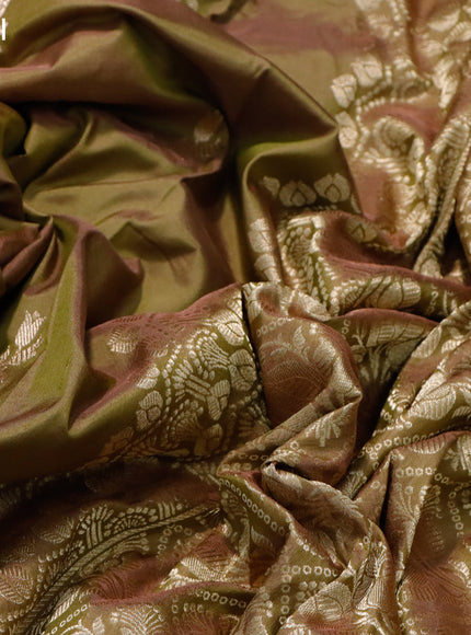 Banarasi katan silk saree dual shade of mehendi green and peach shade with zari woven buttas and zari woven border