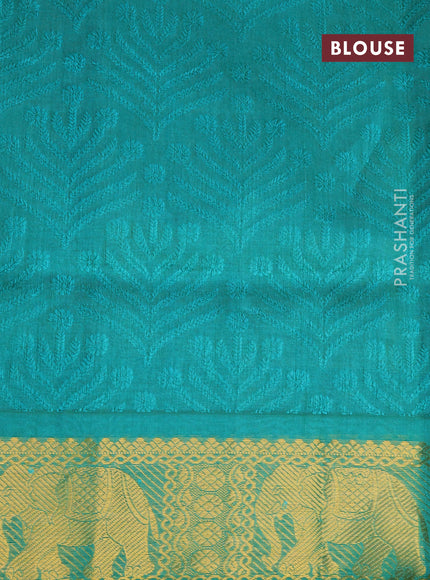 Silk cotton saree dark mustard yellow and green with allover self emboss jacquard and elephant zari woven border